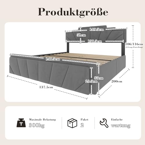 Pangshiyuan 160x200CM Modernes Polsterbett mit Trapezförmigem Kopfteil, LED-Beleuchtung, USB Type-C Anschluss, 2 verstellbare Höhen, 2 Stauraum-Schubladen, Grau Pangshiyuan 160x200CM Modernes Polsterbett mit Trapezförmigem Kopfteil, LED-Beleuchtung, USB Type-C Anschluss, 2 verstellbare Höhen, 2 Stauraum-Schubladen, Grau von Pangshiyuan