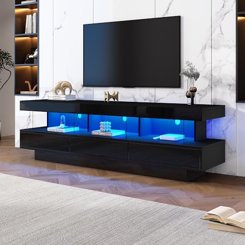 Pangshiyuan 160x38x50.5 cm Schwarzer Hochglanz-TV-Schrank mit LED-Beleuchtung, 3 Glasablagen, App-Steuerung, Bluetooth, für 70-Zoll-Fernseher, Hochglanz-Glas-TV-Ständer, Smart TV Stand von Pangshiyuan