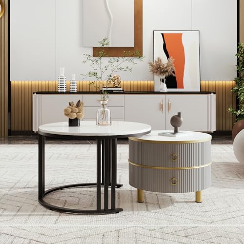 Pangshiyuan 2-in-1 Round MDF Coffee Table Set with Glossy and Marble-Look Tops, 2 Drawers, Adjustable Metal Legs, Living Room Furniture, 70x70x46cm + 50x50x40cm, Grey Pangshiyuan 2-in-1 Round MDF Coffee Table Set with Glossy and Marble-Look Tops, 2 Drawers, Adjustable Metal Legs, Living Room Furniture, 70x70x46cm + 50x50x40cm, Grey von Pangshiyuan