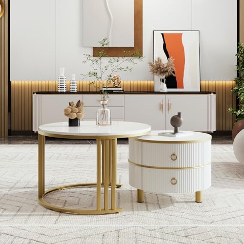 Pangshiyuan 2-in-1 Runder Couchtisch mit glänzender MDF-Oberfläche und weißer Marmorplatte, Beistelltisch Set mit 2 Schubladen, 70x70x46 + 50x50x40 cm, Wohnzimmermöbel in Weiß und Gold von Pangshiyuan