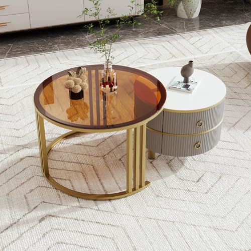Pangshiyuan 2-in-1 runder MDF-Couchtisch mit 1 Hochglanz-Tischplatte und 1 brauner Tischplatte aus gehärtetem Glas, Beistelltisch mit 2 Schubladen, 70x70x45 cm und 50x50x40 cm von Pangshiyuan
