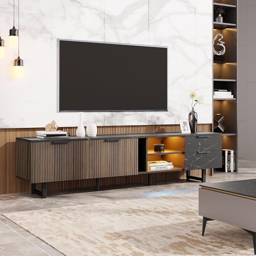 Pangshiyuan 200cm TV-Schrank mit schwarzer Marmoroptik, LED-Beleuchtung, Zwei Türen, Zwei Schubladen, Stauraum, Staubsaugerroboter-freundlich, MDF, Schwarz-Holz, 200x38x50 cm von Pangshiyuan