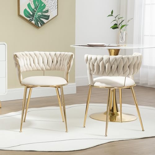 Pangshiyuan 2er Set Esszimmerstühle aus Samt mit Armlehnen, gepolstert & ergonomisch, mit fingerförmiger Rückenlehne und Metallbeinen, Polsterstühle für Wohnzimmer, Schlafzimmer, Elfenbein von Pangshiyuan