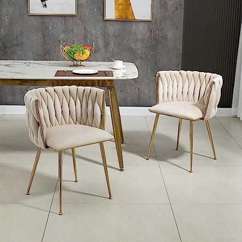Pangshiyuan 2er Set Esszimmerstühle aus Samt mit handgewebter Rückenlehne, gepolstert & ergonomisch, goldene Metallbeine, Moderne Polsterstühle für Wohnzimmer, Schlafzimmer, Essbereich, Elfenbein Pangshiyuan 2er Set Esszimmerstühle aus Samt mit handgewebter Rückenlehne, gepolstert & ergonomisch, goldene Metallbeine, Moderne Polsterstühle für Wohnzimmer, Schlafzimmer, Essbereich, Elfenbein von Pangshiyuan