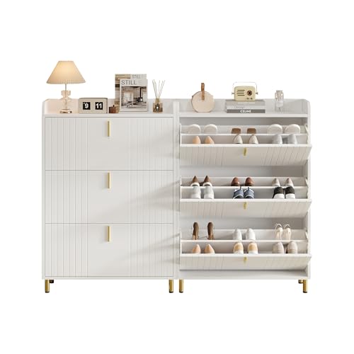 Pangshiyuan 2er Set Schuhschränke, 80x23,5x123,5 cm, mit 3 Klappen & 6 Fächern, verstellbare Regale, Weiß matt, platzsparendes Schuhregal aus MDF, mit Kippsicherung für Flur & Eingangsbereich von Pangshiyuan