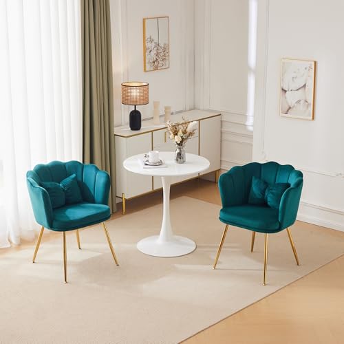 Pangshiyuan 2er-Set gepolsterte Samtstühle mit Blütenblatt-Rückenlehne, goldfarbenen Metallbeinen & Kissen – stilvolle Stühle für Esszimmer, Wohnzimmer, Schminktisch oder Wartebereich – Grün von Pangshiyuan