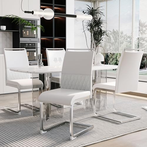 Pangshiyuan 4 Esszimmerstühle Set mit hoher Rückenlehne, PU Kunstleder und Leinen, Ergonomisches Design, Side Chair für Esszimmer, Küche und Büro, Weiß von Pangshiyuan