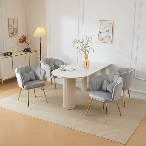 Pangshiyuan 4er Set Moderne gepolsterte Samtstühle mit Blütenblatt-Rückenlehne, Schmetterlingskissen, vergoldeten Metallbeinen – Esszimmerstühle für Wohnzimmer Schlafzimmer Grau von Pangshiyuan