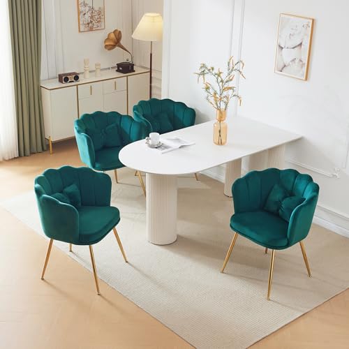 Pangshiyuan 4er-Set gepolsterte Samtstühle mit Blütenblatt-Rückenlehne, vergoldeten Metallbeinen & Kissen – stilvolle Stühle für Esszimmer, Wohnzimmer, Schminktisch oder Lounge – Grün von Pangshiyuan