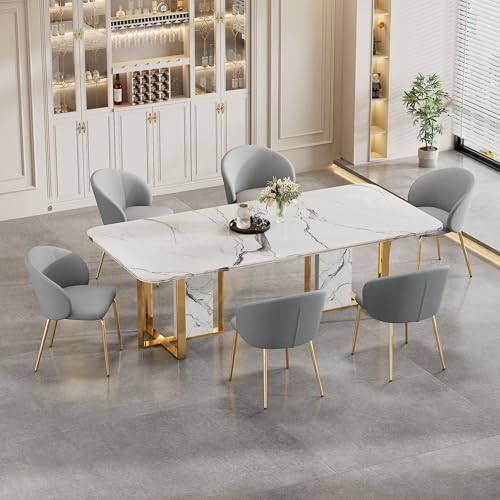 Pangshiyuan 6 Esszimmerstühle mit Samtbezug, Bequeme Stühle mit Armlehnen und Goldenen Metallbeinen, Stilvolle Esszimmerstühle für Küche und Wohnzimmer, Grau, 6er Set von Pangshiyuan