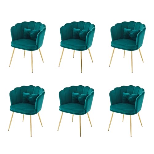 Pangshiyuan 6er-Set gepolsterte Samtstühle mit Blütenblatt-Rückenlehne, vergoldeten Metallbeinen & Dekokissen – stilvolle Stühle für Esszimmer, Wohnzimmer, Schminktisch oder als Akzentstuhl – Grün von Pangshiyuan