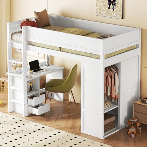 Pangshiyuan 90 cm Hochbett, vielseitiges Kinderbett mit Kleiderschrank, Schreibtisch und Schubladen, Weiß - Pangshiyuan 90 cm Hochbett, vielseitiges Kinderbett mit Kleiderschrank, Schreibtisch und Schubladen, Weiß - von Pangshiyuan