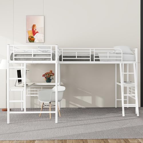 Pangshiyuan 90x200cm Hochbett mit Schreibtisch, Doppeltreppe, hohes Geländer, Metall+MDF, Weiß Pangshiyuan 90x200cm Hochbett mit Schreibtisch, Doppeltreppe, hohes Geländer, Metall+MDF, Weiß von Pangshiyuan