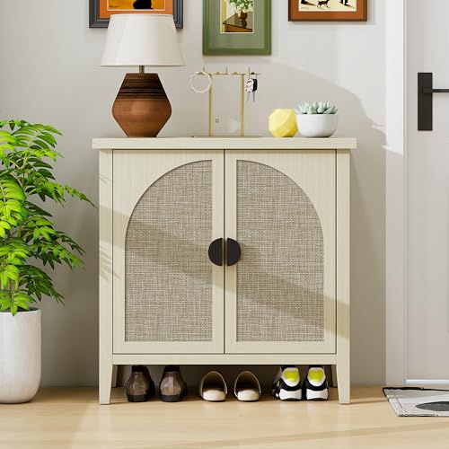 Pangshiyuan Aufbewahrungsschrank 80×40×80cm, Sideboard mit Rattan-Doppeltüren & verstellbaren Regalböden, Beistellschrank Kommode Geschirrschrank, Wohnzimmer Esszimmer Flur, Natur von Pangshiyuan