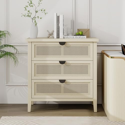 Pangshiyuan Beistellschrank 80×40×80cm, Kommode mit 3 Schubladen & Waben-Rattanfronten, Stauraumschrank mit Metallgriffen, Wohnzimmer Schlafzimmer Büro, Naturholzoptik von Pangshiyuan