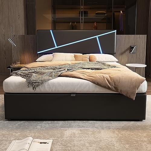 Pangshiyuan Bequemes Polsterbett mit LED-Beleuchtung, 90x200 cm, Doppelbett mit Lattenrost, hydraulisches Funktionsbett, PU-Synthetisches Leder, Schwarz Pangshiyuan Bequemes Polsterbett mit LED-Beleuchtung, 90x200 cm, Doppelbett mit Lattenrost, hydraulisches Funktionsbett, PU-Synthetisches Leder, Schwarz von Pangshiyuan
