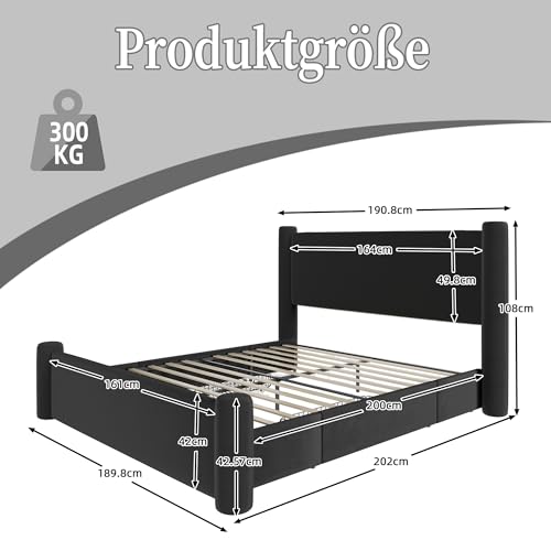 Pangshiyuan Bettgestell 160x200 cm mit Samtbezug, 3D-Säulendesign, gepolstertes Kopfteil, 2 Stauraumschubladen, integrierte USB-Anschlüsse, Schlafzimmer Möbel, Schwarz von Pangshiyuan