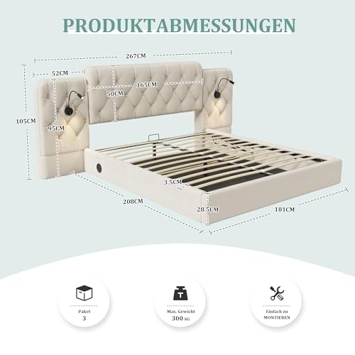 Pangshiyuan Bettgestell 180 x 200 cm mit langem Kopfteil, Samtmaterial, USB-Anschlüsse, Schreibtischlampe, Hydraulisches Hebesystem, Extra großer Stauraum, Beige Pangshiyuan Bettgestell 180 x 200 cm mit langem Kopfteil, Samtmaterial, USB-Anschlüsse, Schreibtischlampe, Hydraulisches Hebesystem, Extra großer Stauraum, Beige von Pangshiyuan