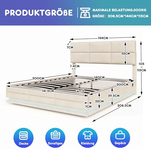 Pangshiyuan Bettgestell mit Samtstoff, USB Type C Ladefunktion, LED-Beleuchtung, Hydraulik Stauraumbett mit Lattenrost, 140x200cm, Beige Pangshiyuan Bettgestell mit Samtstoff, USB Type C Ladefunktion, LED-Beleuchtung, Hydraulik Stauraumbett mit Lattenrost, 140x200cm, Beige von Pangshiyuan
