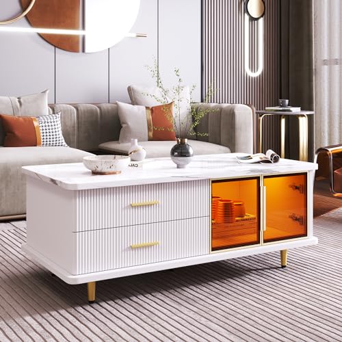 Pangshiyuan Couchtisch mit gehärtetem Glas und Wellenstruktur-Schubladen, Beistelltisch mit LED-Lichtstreifen, weißes Design mit goldenen Griffen und Beinen, 100x50x40 cm, Wohnzimmermöbel von Pangshiyuan