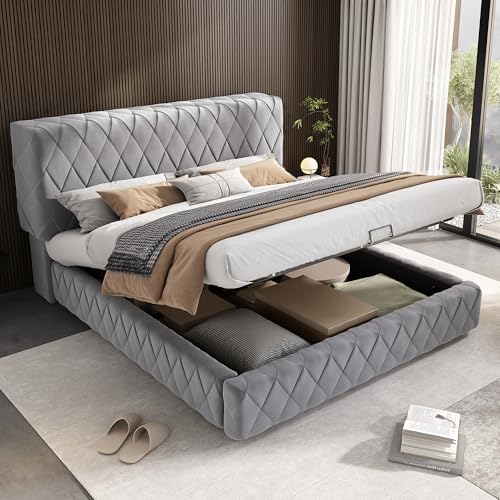 Pangshiyuan Doppelbett 160 x 200 cm mit Stauraum, Polsterbett mit hydraulischem Mechanismus, Samtstoff, Gewebte Struktur, Holzlatten-Stütze, Modernes Design, Grau Pangshiyuan Doppelbett 160 x 200 cm mit Stauraum, Polsterbett mit hydraulischem Mechanismus, Samtstoff, Gewebte Struktur, Holzlatten-Stütze, Modernes Design, Grau von Pangshiyuan
