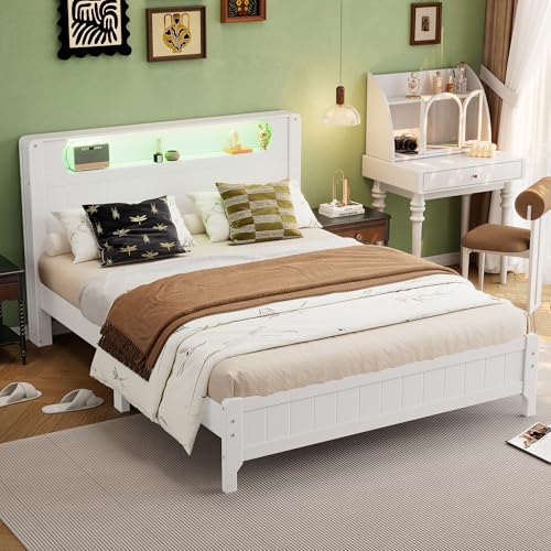 Pangshiyuan Doppelbett mit Offenem Regal, LED-Lichtstreifen, Flachbett aus Kiefer & MDF, Stauraum im Kopfteil, Weiß, 140x200cm, für Erwachsene & Jugendliche Pangshiyuan Doppelbett mit Offenem Regal, LED-Lichtstreifen, Flachbett aus Kiefer & MDF, Stauraum im Kopfteil, Weiß, 140x200cm, für Erwachsene & Jugendliche von Pangshiyuan