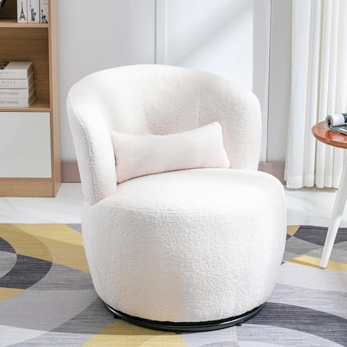 Pangshiyuan Drehbarer Loungesessel mit Teddyplüsch und Lendenstütze, gepolsterter Relaxstuhl mit 360° Metallfuß, für Wohnzimmer Schlafzimmer Büro, Weiß, 65x70x73 cm von Pangshiyuan