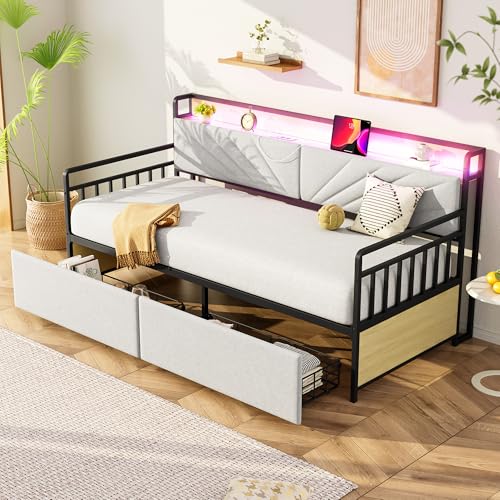 Pangshiyuan Eisenbettsofa 90x200 cm mit LED-Beleuchtung, Ablagen, Schubladen, Multifunktionssteckdosen, Eiseneinzelbett, Jugendbett, Beige Pangshiyuan Eisenbettsofa 90x200 cm mit LED-Beleuchtung, Ablagen, Schubladen, Multifunktionssteckdosen, Eiseneinzelbett, Jugendbett, Beige von Pangshiyuan
