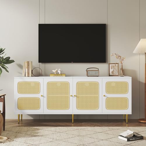 Pangshiyuan Eleganter Weißer Rattan-TV-Schrank with 4 Rattan Doors, Adjustable Shelves, Cable Management, for up to 80 Inch TV, Modern Design, 180x40x72 cm von Pangshiyuan