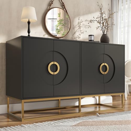 Pangshiyuan Esszimmerschrank 140x40x83 cm mit 4 Türen & verstellbaren Fächern, MDF Sideboard mit runden Metallgriffen & Eisenfüßen, für Wohnzimmer & Küche, Schwarz von Pangshiyuan