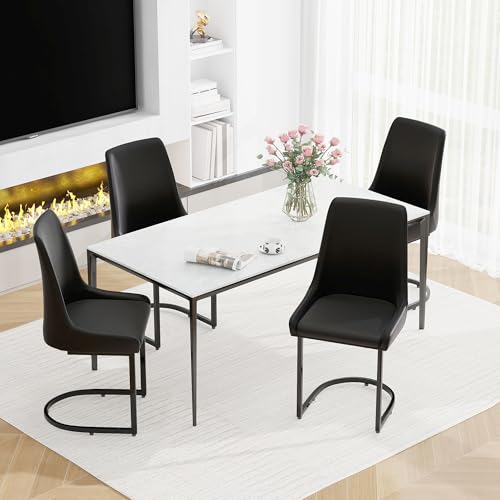 Pangshiyuan Esszimmerstühle 4er Set aus PU-Leder, Moderne Küchenstühle mit hoher Rückenlehne, Freischwinger Design, ergonomische Esstischstühle für Esszimmer, Wohnzimmer, Schwarz, 49.5x55x92cm von Pangshiyuan