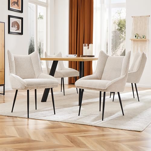 Pangshiyuan Esszimmerstühle Set (4 St), Loungesessel mit Armlehnen, Teddy Samt, Dickes Sitzkissen, Ergonomisches Design, Beige, für Esszimmer und Wohnzimmer von Pangshiyuan