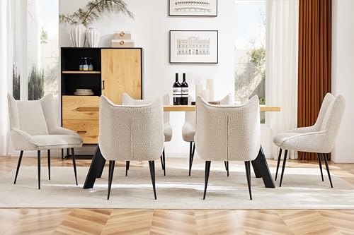 Pangshiyuan Esszimmerstühle Set (6 St), Loungesessel mit Armlehnen, Teddy Samt, Dickes Sitzkissen, Ergonomisches Design, Beige, für Esszimmer und Wohnzimmer von Pangshiyuan