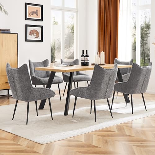 Pangshiyuan Esszimmerstühle Set (6 St), Loungesessel mit Armlehnen, Teddy Samt, Dickes Sitzkissen, Ergonomisches Design, Grau, für Esszimmer und Wohnzimmer von Pangshiyuan