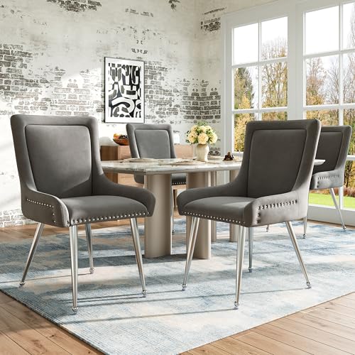 Pangshiyuan Esszimmerstühle aus hochwertigem Samt mit galvanisierten Silber Eisenbeinen, ergonomisches Design, verstellbare Füße, 44x52x87cm, Grau, 4 Stück Pangshiyuan Esszimmerstühle aus hochwertigem Samt mit galvanisierten Silber Eisenbeinen, ergonomisches Design, verstellbare Füße, 44x52x87cm, Grau, 4 Stück von Pangshiyuan