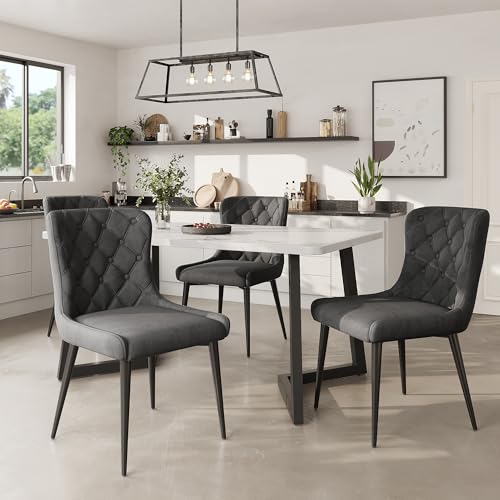 Pangshiyuan Esszimmerstühle mit Rückenlehne (4 St.), Küchenstuhl mit Samtbezug, Ergonomischer Polsterstuhl aus Metall, Schwarze Eisenbeine, Dunkelgrau von Pangshiyuan