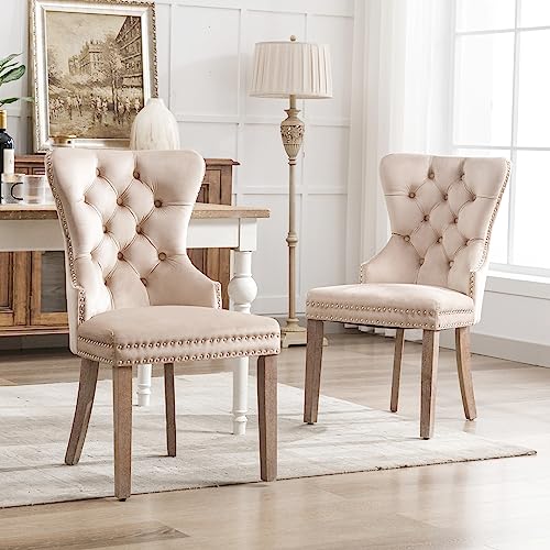 Pangshiyuan Esszimmerstuhl 2er Set mit Samtbezug, Polsterstuhl mit Nagelkopfverzierungen, Massivholzbeine, Türklopfer-Design, Ergonomisch, Beige, Ideal für Esszimmer und Wohnzimmer Pangshiyuan Esszimmerstuhl 2er Set mit Samtbezug, Polsterstuhl mit Nagelkopfverzierungen, Massivholzbeine, Türklopfer-Design, Ergonomisch, Beige, Ideal für Esszimmer und Wohnzimmer von Pangshiyuan