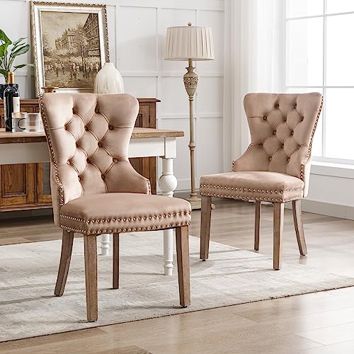 Pangshiyuan Esszimmerstuhl 2er Set mit Samtbezug, Polsterstuhl mit Nagelkopfverzierungen, Massivholzbeine, Türklopfer-Design, Ergonomisch, Braun, Ideal für Esszimmer und Wohnzimmer Pangshiyuan Esszimmerstuhl 2er Set mit Samtbezug, Polsterstuhl mit Nagelkopfverzierungen, Massivholzbeine, Türklopfer-Design, Ergonomisch, Braun, Ideal für Esszimmer und Wohnzimmer von Pangshiyuan
