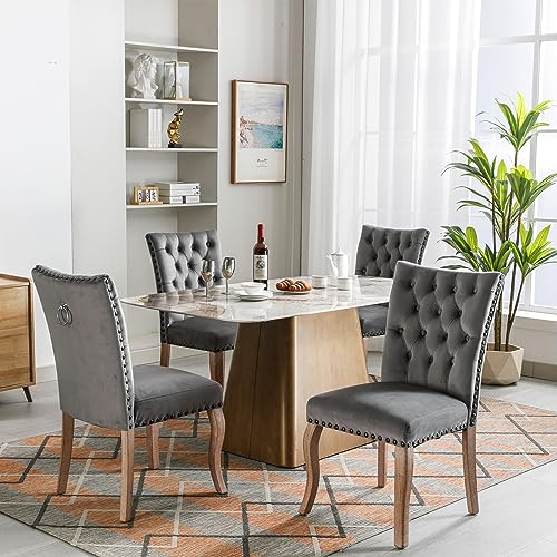 Pangshiyuan Esszimmerstuhl Set mit 4 Stühlen, Samtbezogener Polsterstuhl, Massivholzgestell, Kupfernägel und Chromring, Modernes Design für Esszimmer und Wohnzimmer, Grau Pangshiyuan Esszimmerstuhl Set mit 4 Stühlen, Samtbezogener Polsterstuhl, Massivholzgestell, Kupfernägel und Chromring, Modernes Design für Esszimmer und Wohnzimmer, Grau von Pangshiyuan