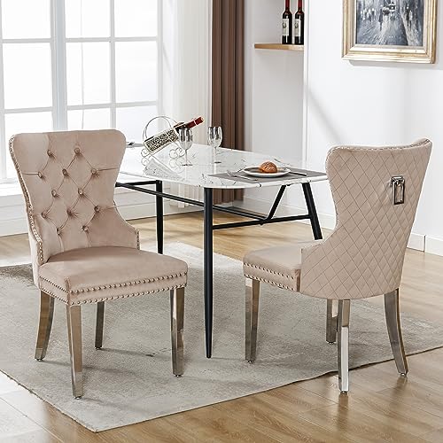 Pangshiyuan Esszimmerstuhl Set mit PU Kunstleder und Samt, Gepolsterte Sitzfläche mit Nagelkopfbesatz, Metallbeine, Türklopfer-Design Rückenlehne, Beige, 2 Stühle von Pangshiyuan