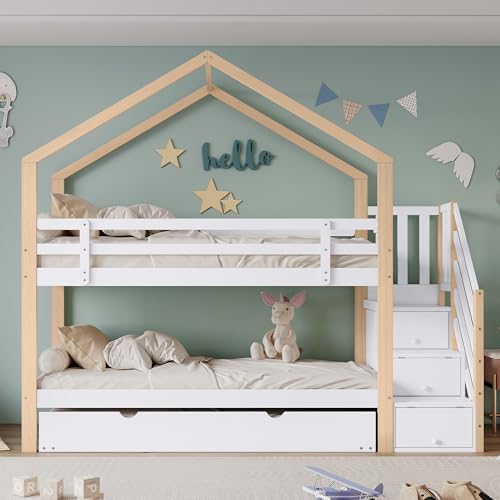 Pangshiyuan Etagenbett mit Ausziehbarem Baumhausbett, Schiebebett, Treppe mit 3 Schubladen, Kinderbett mit Fallschutzgitter, Kiefer+MDF, Weiß+Natur, 90x200cm & 90x190cm Pangshiyuan Etagenbett mit Ausziehbarem Baumhausbett, Schiebebett, Treppe mit 3 Schubladen, Kinderbett mit Fallschutzgitter, Kiefer+MDF, Weiß+Natur, 90x200cm & 90x190cm von Pangshiyuan