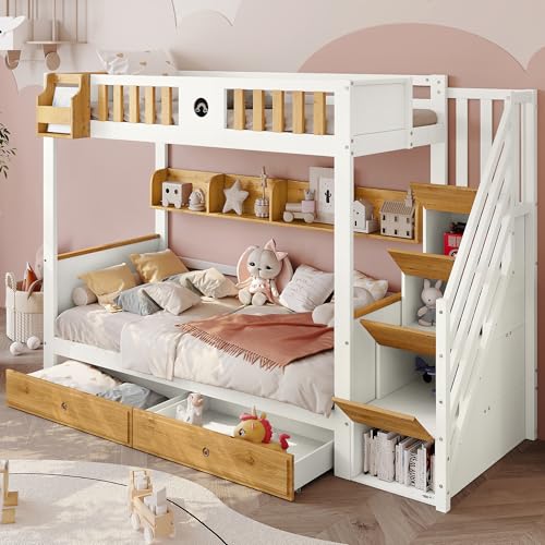Pangshiyuan Etagenbett mit Rollbett, Kinderbett mit Stauraumtreppe und Fallschutzgitter, mit 2 Schubladen und offener Regalfläche, Weiß+Natur, 90x200cm, 90x190cm, 120x200cm Pangshiyuan Etagenbett mit Rollbett, Kinderbett mit Stauraumtreppe und Fallschutzgitter, mit 2 Schubladen und offener Regalfläche, Weiß+Natur, 90x200cm, 90x190cm, 120x200cm von Pangshiyuan
