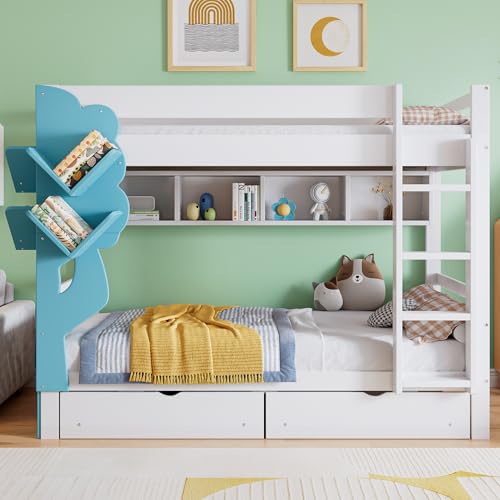Pangshiyuan Etagenbett with Solid Wood Frame, Tree-Shaped Bookshelf, Drawer Storage, Ladder with Safety Rails, White+Blue, 90x200 cm, Kids Room Storage Solution Pangshiyuan Etagenbett with Solid Wood Frame, Tree-Shaped Bookshelf, Drawer Storage, Ladder with Safety Rails, White+Blue, 90x200 cm, Kids Room Storage Solution von Pangshiyuan