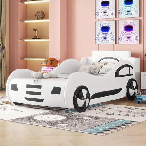 Pangshiyuan Flachbett, 90 x 200cm, Bett mit Lattenrost (ohne Matratze), Modell Autobett, Kinderbett mit Stauraum, Autobett mit Unterbettstauraum, Weiß von Pangshiyuan