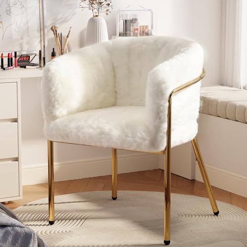 Pangshiyuan Freizeitstuhl mit Kaninchendaunenimitat, gepolstert, mit Vier Metallbeinen, für Esszimmer, Wohnzimmer, Schlafzimmer und Schreibtisch, Beige von Pangshiyuan