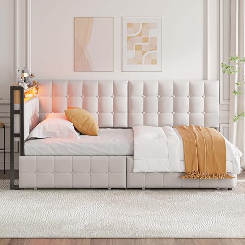 Pangshiyuan Gepolstertes Schlafsofa 90x200 cm, Polsterbett mit 2 Schubladen, LED-Nachttischlampe, USB- und Typ-C-Anschluss, Multifunktionales Kinderbett, Einzelbett, Grau Pangshiyuan Gepolstertes Schlafsofa 90x200 cm, Polsterbett mit 2 Schubladen, LED-Nachttischlampe, USB- und Typ-C-Anschluss, Multifunktionales Kinderbett, Einzelbett, Grau von Pangshiyuan