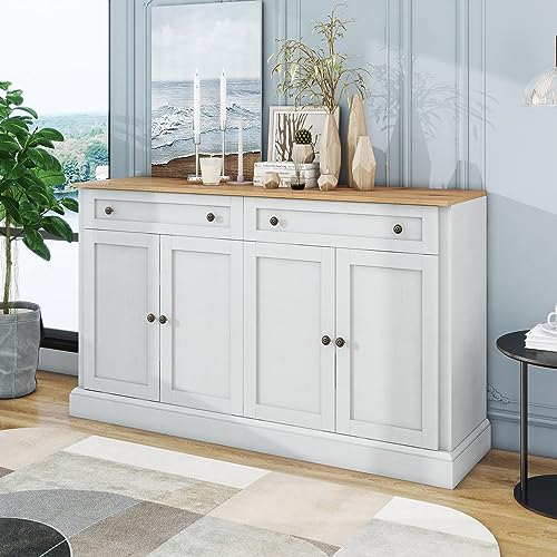 Pangshiyuan Großes Sideboard mit 4 Türen und 2 Schubladen, moderner Buffetschrank aus MDF & Spanplatte, 150 x 86 x 40 cm, Antikweiß + Naturholz, für Esszimmer und Wohnzimmer von Pangshiyuan