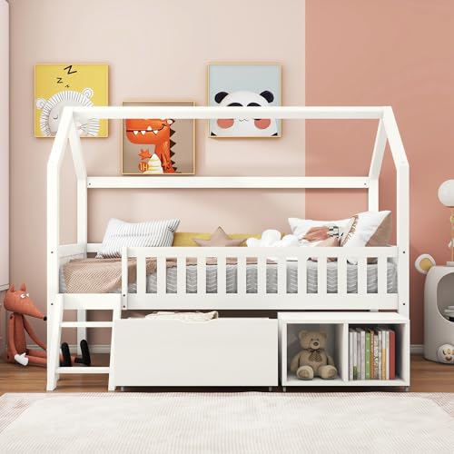 Pangshiyuan Hausbett Kinderbett 200x90 cm mit Schubladen und Ablagefächern, Anti-Drop-Geländer, für Jungen und Mädchen, Weiß, Massivholz Pangshiyuan Hausbett Kinderbett 200x90 cm mit Schubladen und Ablagefächern, Anti-Drop-Geländer, für Jungen und Mädchen, Weiß, Massivholz von Pangshiyuan