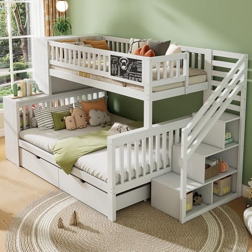 Pangshiyuan Hausbett für Kinder mit Graffiti-Brett, Etagendoppelbett mit Rutsche, Treppe und Stauraum, Multifunktionales Kinderbett mit Schubladen, 140x200 cm & 90x200 cm, Weiß Pangshiyuan Hausbett für Kinder mit Graffiti-Brett, Etagendoppelbett mit Rutsche, Treppe und Stauraum, Multifunktionales Kinderbett mit Schubladen, 140x200 cm & 90x200 cm, Weiß von Pangshiyuan
