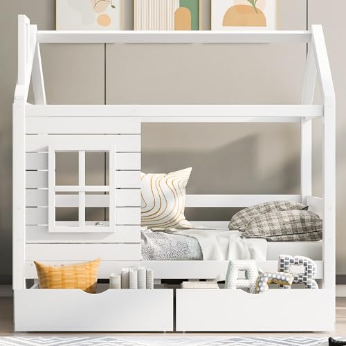 Pangshiyuan Hausbett für Kinder mit Massivholzrahmen, 80x160 cm, mit Fenster und Rausfallschutz, Stauraumtreppe und Schubladen, weiß, Lattenrost inklusive von Pangshiyuan
